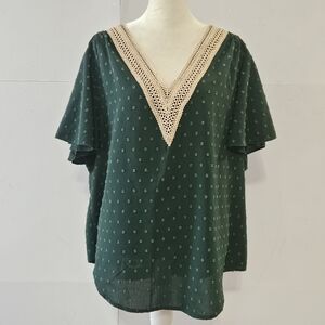 Shein Curve Size 1XL Green Textured Flared Short Sleeved Women's Blouse with Lac